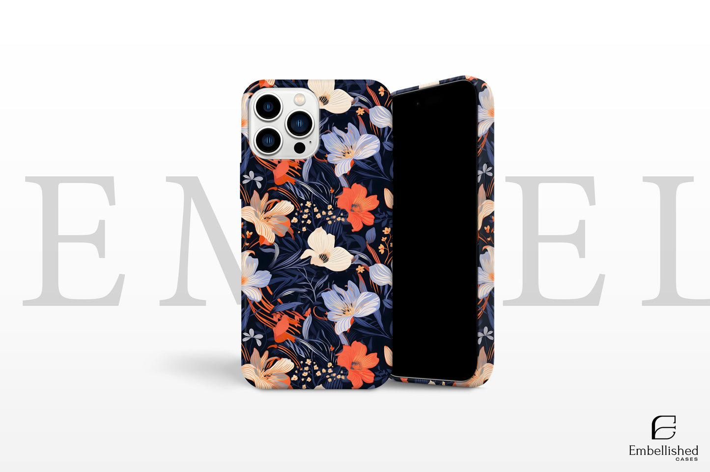 Tough phone case with floral design for iPhone and Samsung, impact-resistant with glossy finish and shock-absorbing liner.