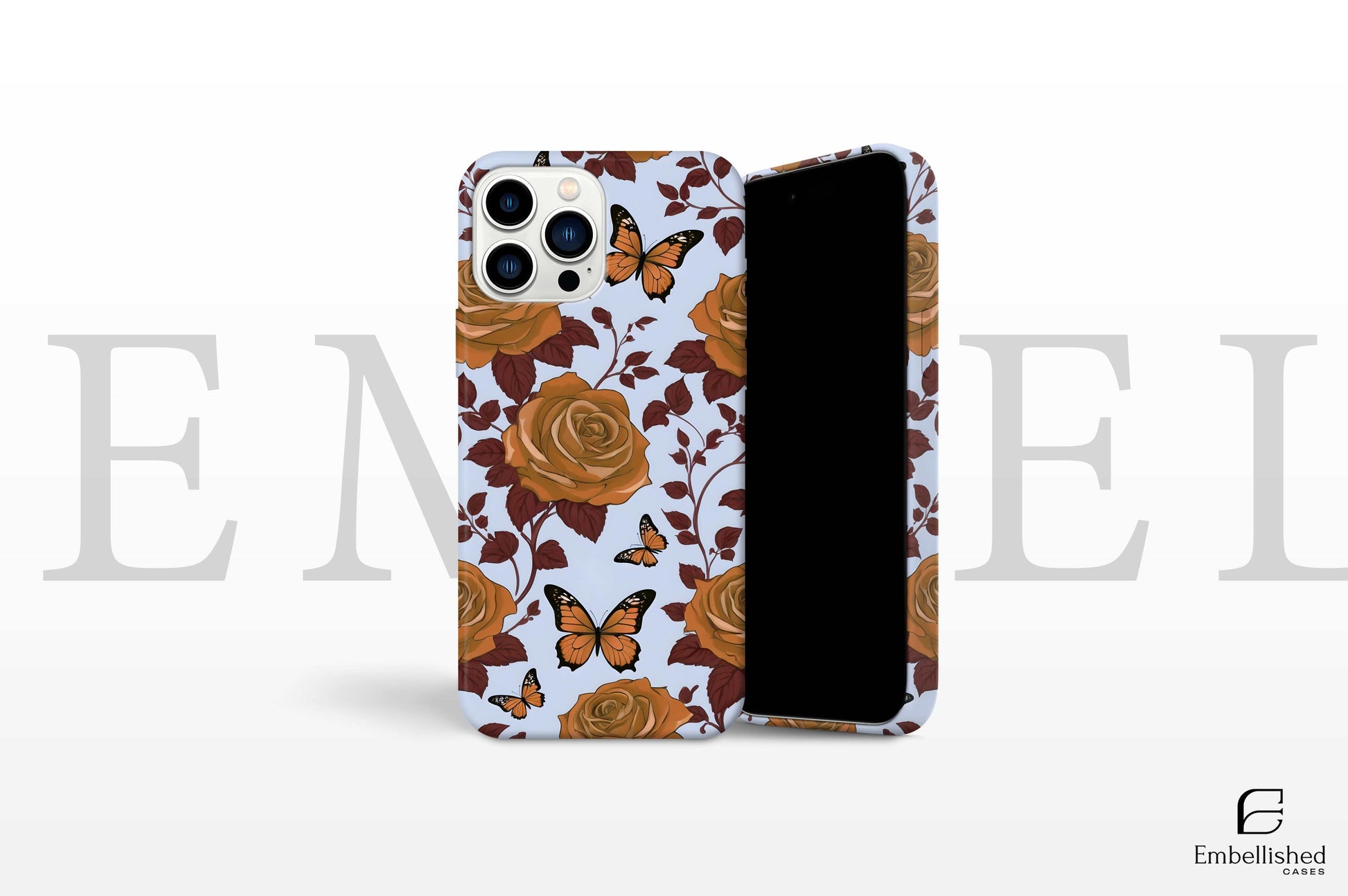 Floral phone case with brown roses and butterflies for iPhone, shockproof and glossy finish protective cover