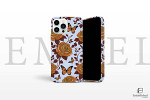 Floral phone case with brown roses and butterflies for iPhone, shockproof and glossy finish protective cover
