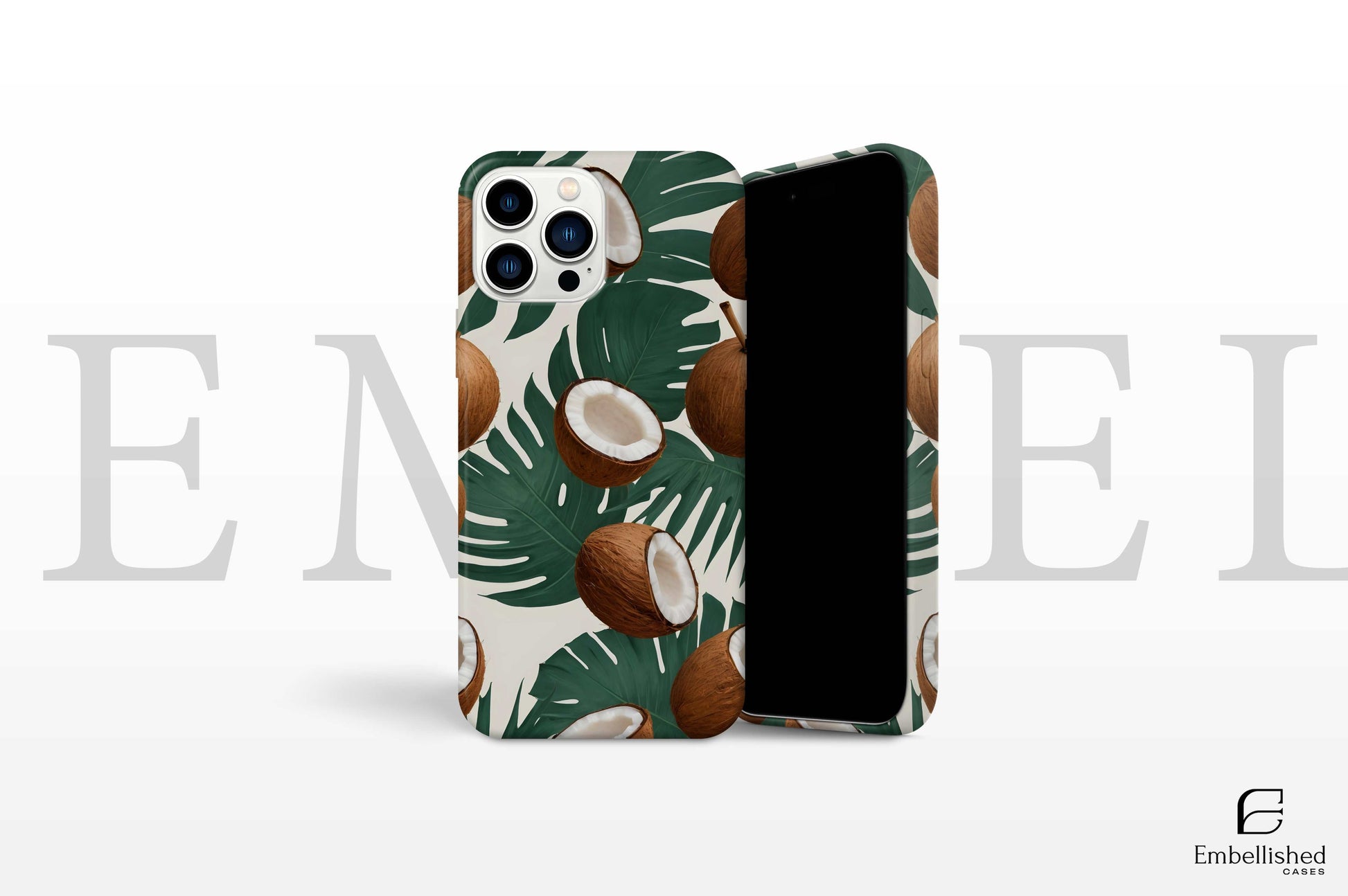 Clear iPhone case with summer fruits print featuring coconuts and tropical leaves design