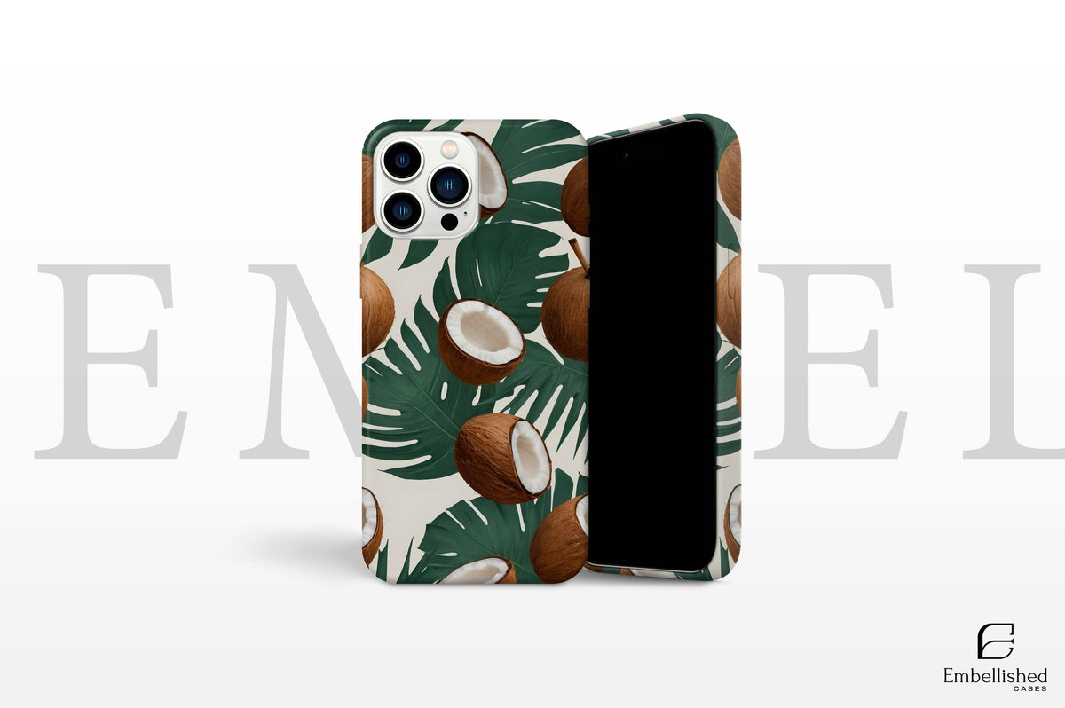 Clear iPhone case with summer fruits print featuring coconuts and tropical leaves design