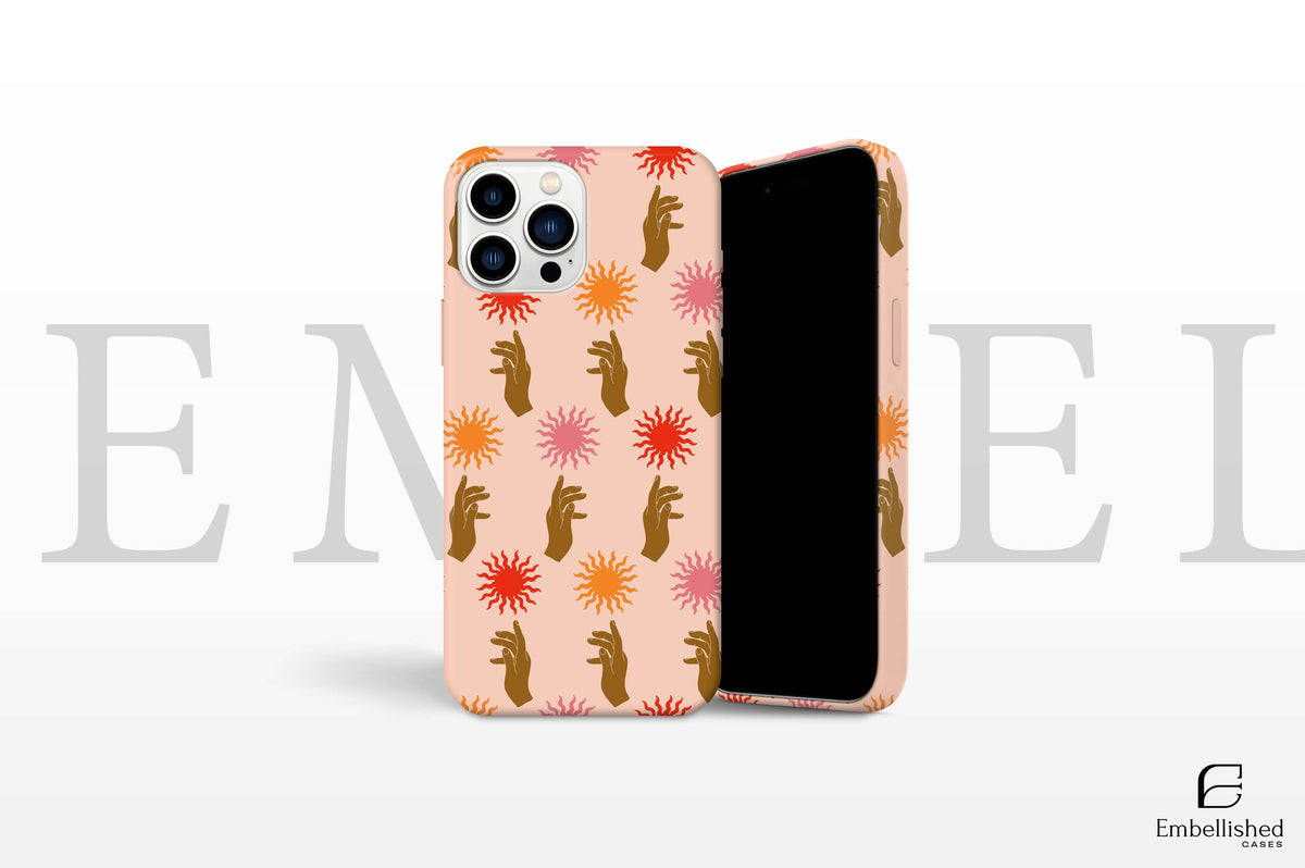 Aesthetic Sun Gesture Phone Case, MagSafe Compatible for iPhone 16 15 14 13 Pro Max 12 Mini XR 7 8 Samsung Galaxy S24 - S10, alongside Huawei and Google Pixel model. Excellent resistance to outdoor weathering.