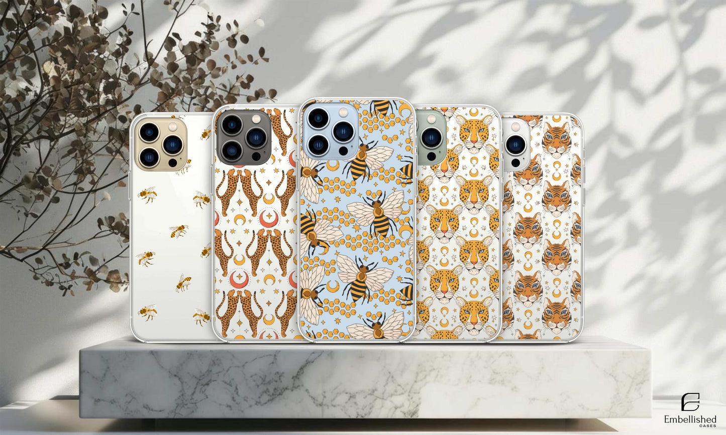 Cute Pet Cat / Clear Bee Phone Case Bumblebee Honey Cover Phone Case Kitten Cover for iPhone 16 Pro Max, 15 Plus, 14, 13, 12, 11, XS & Samsung S24, S23, A55, A54, Pixel 9 Pro, 8 Phone Case