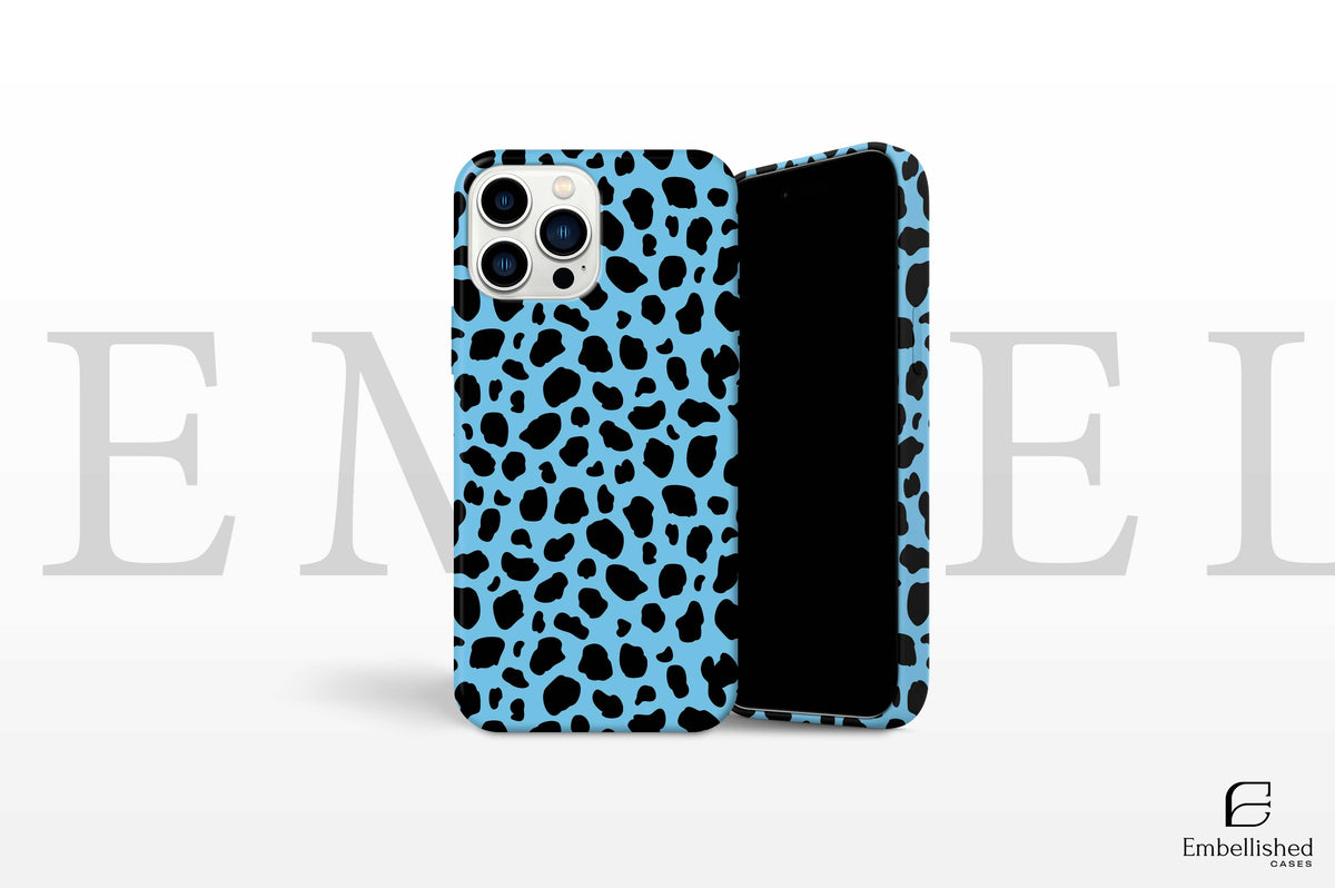 Leaves Clear Phone Case not shown, image features a blue and black leopard print phone case for iPhone and other models
