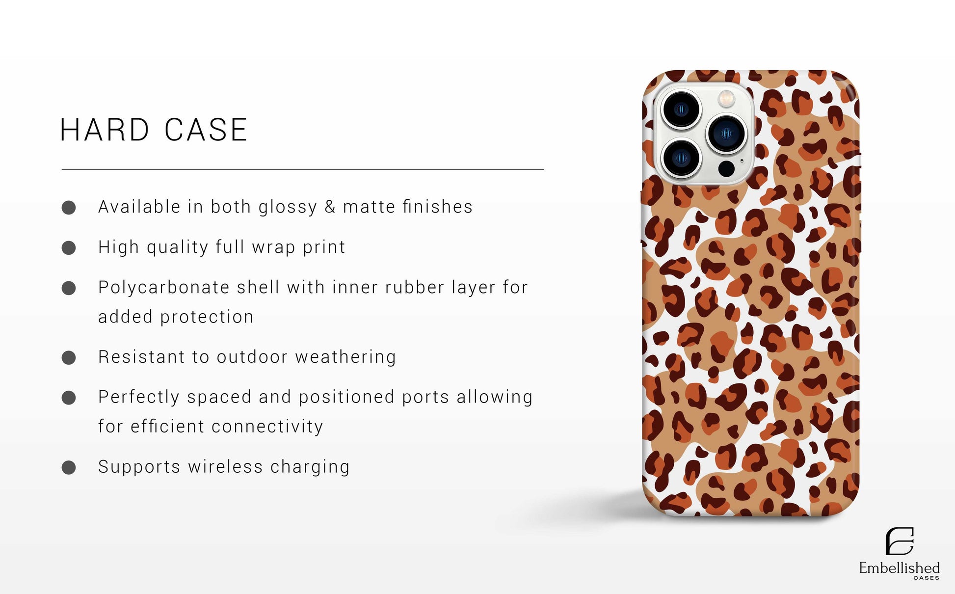Leopard print hard phone case with polycarbonate shell and wireless charging compatible design