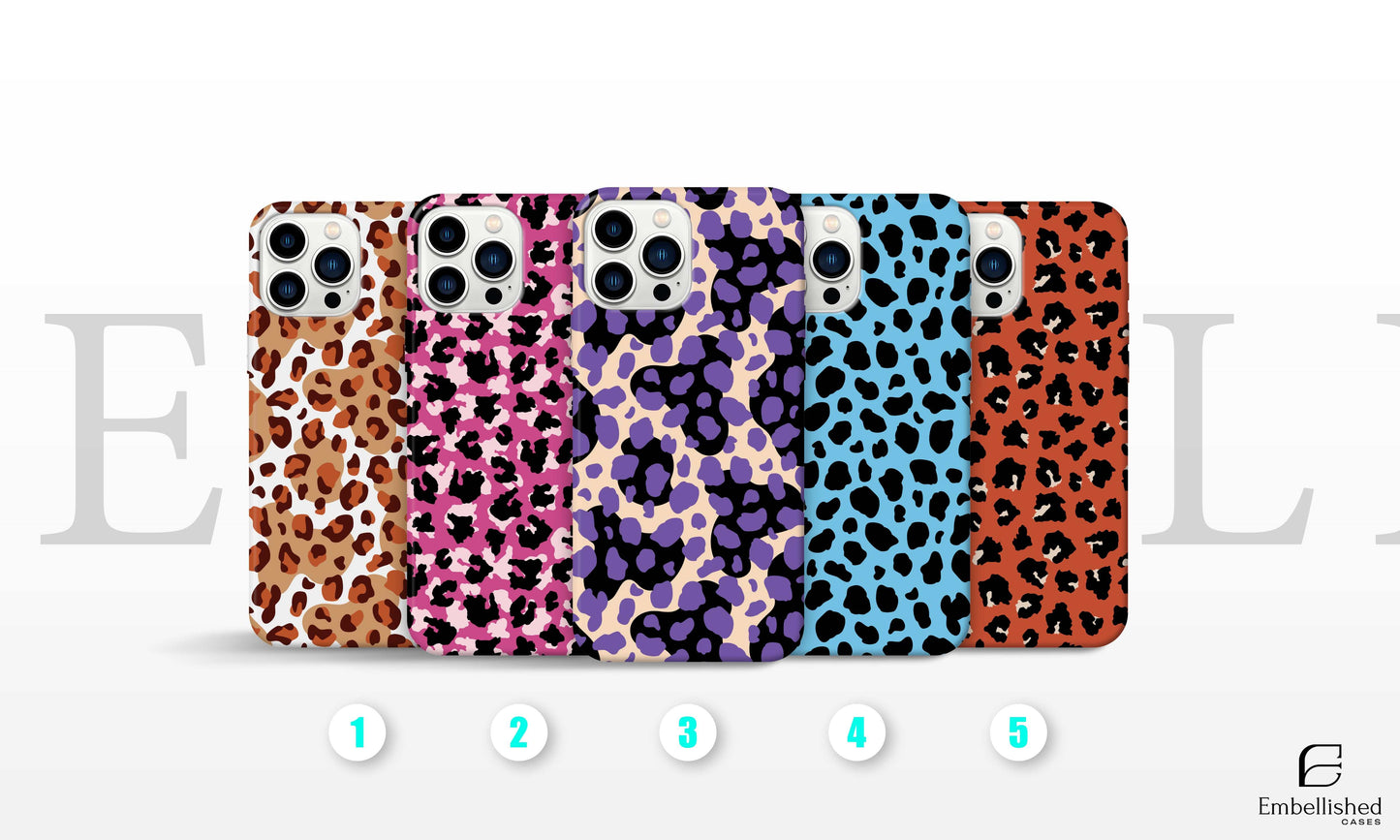 Set of five colorful leopard print phone cases for iPhone with vibrant photo-realistic designs