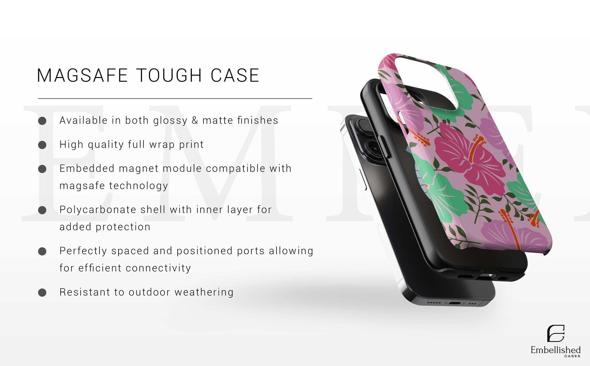 Flower Tough Phone Case for iPhone with floral design, glossy and matte finishes, MagSafe compatible, durable polycarbonate protection, and weather resistant.