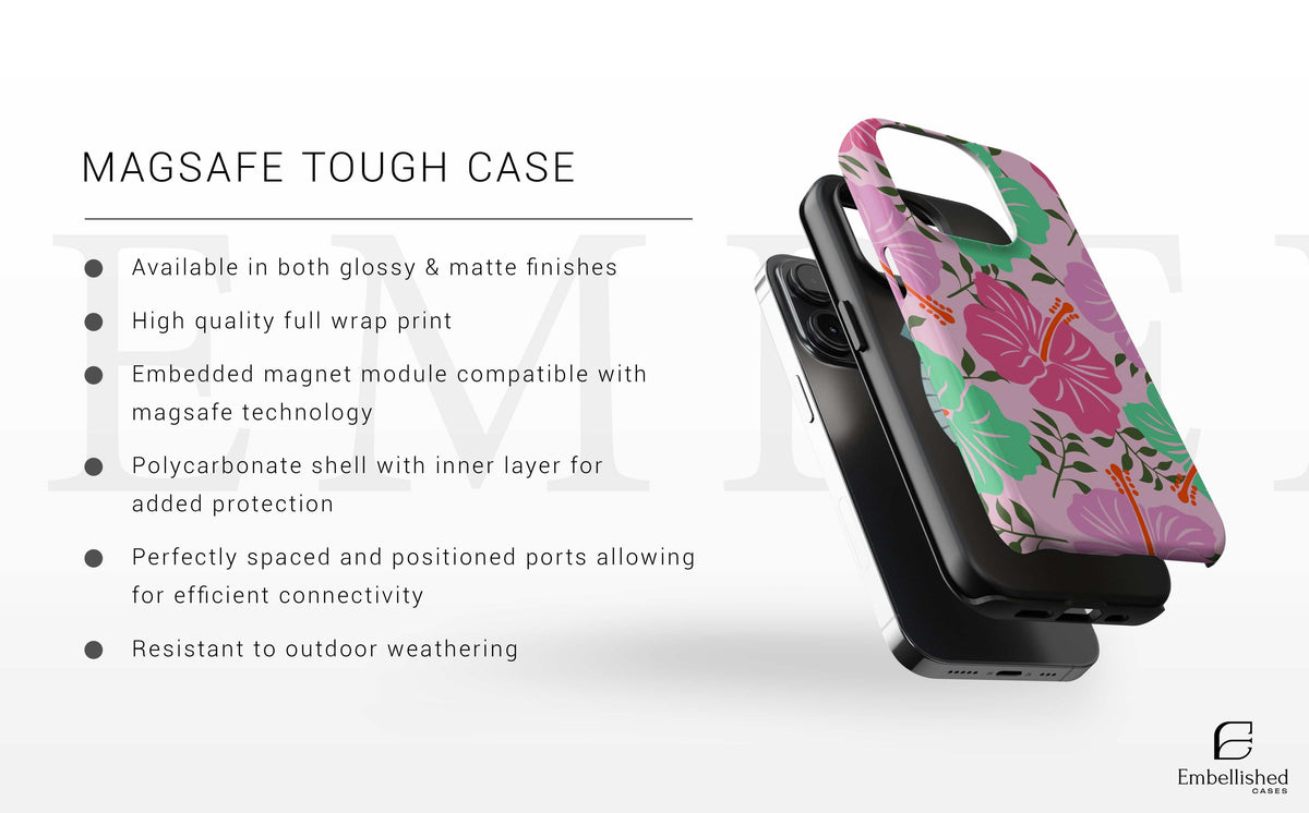 Flower Tough Phone Case for iPhone with floral design, glossy and matte finishes, MagSafe compatible, durable polycarbonate protection, and weather resistant.