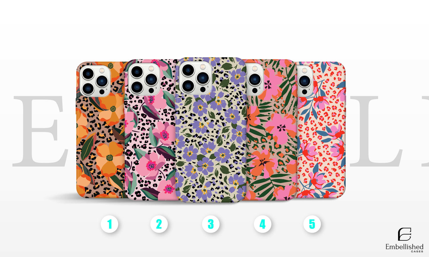 Spring Flower Phone Case collection with colorful floral designs for iPhone and Samsung models, glossy and protective covers