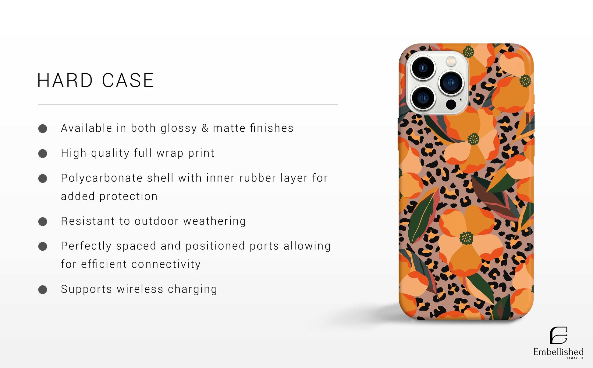 Spring flower phone case with orange floral and leopard print design for iPhone and Samsung models, glossy finish, durable and shock-absorbent protection.