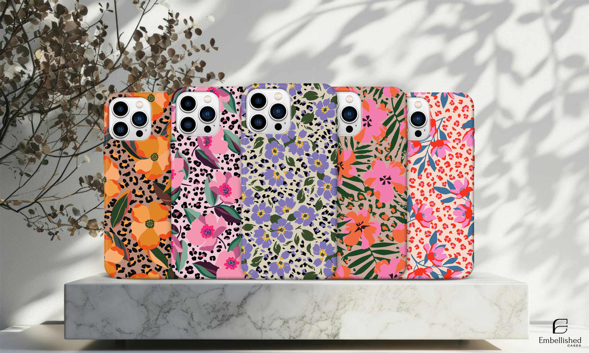 Spring Flower Phone Case collection with colorful floral designs for iPhone and Samsung models, glossy finish, and durable protective material