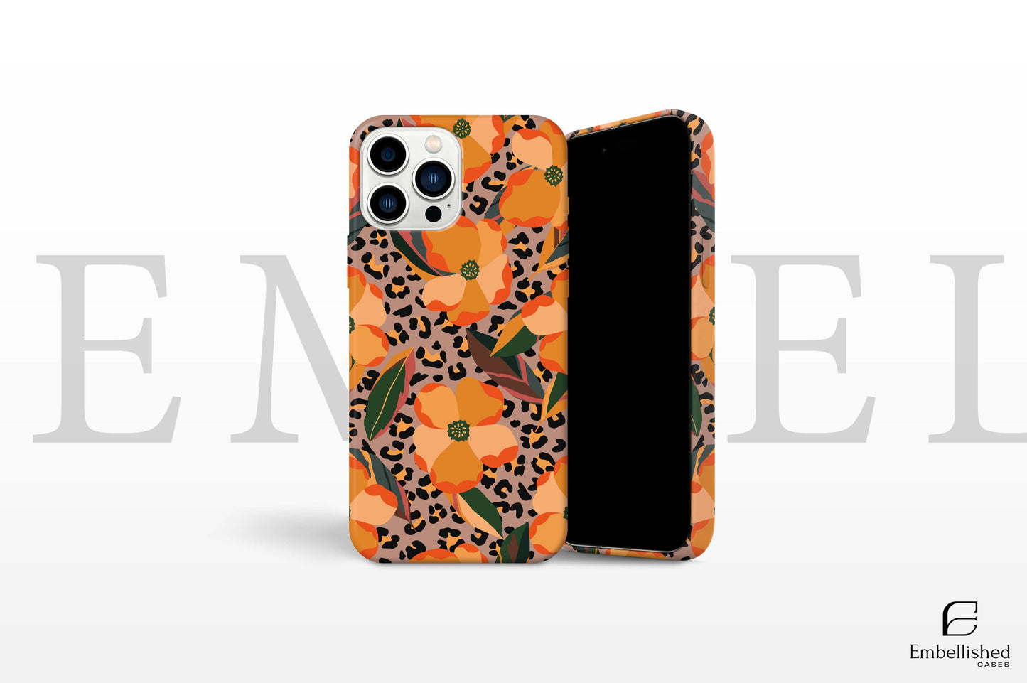 Spring Flower Phone Case with orange floral and leopard print design, durable glossy protective cover for iPhone and Samsung models