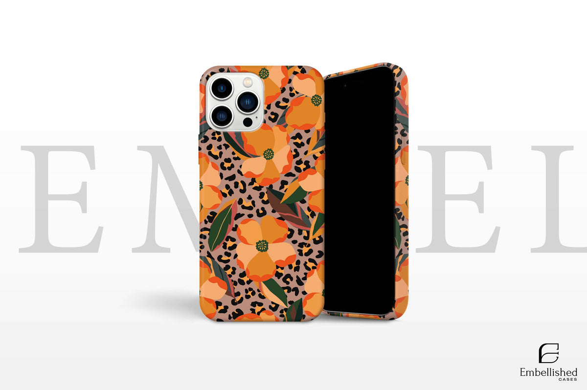 Spring Flower Phone Case with orange floral and leopard print design, durable glossy protective cover for iPhone and Samsung models