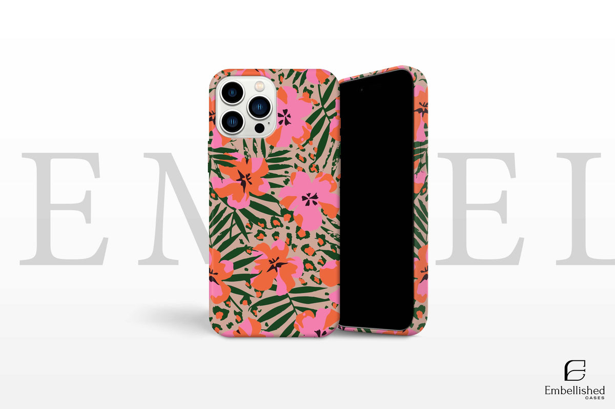 spring flower phone case with pink and orange floral design for iPhone and Samsung models