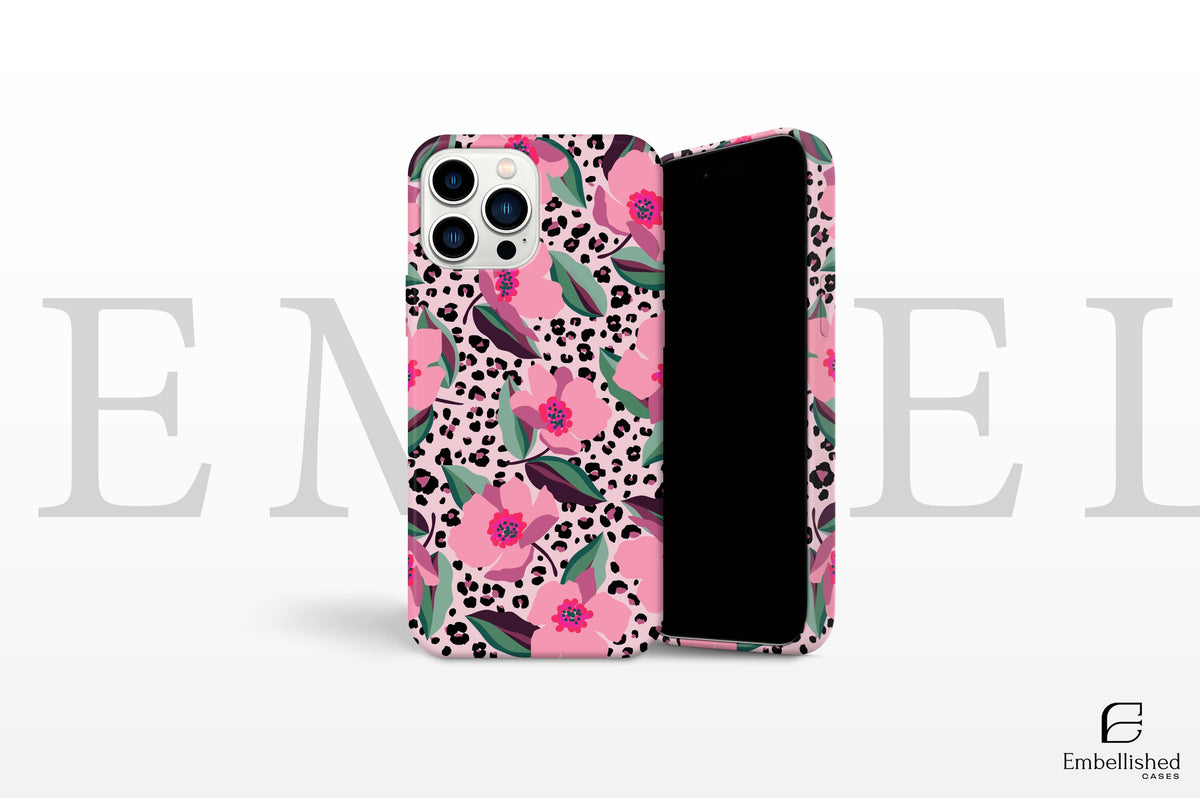 Spring flower phone case with pink floral design and glossy finish for iPhone and Samsung models
