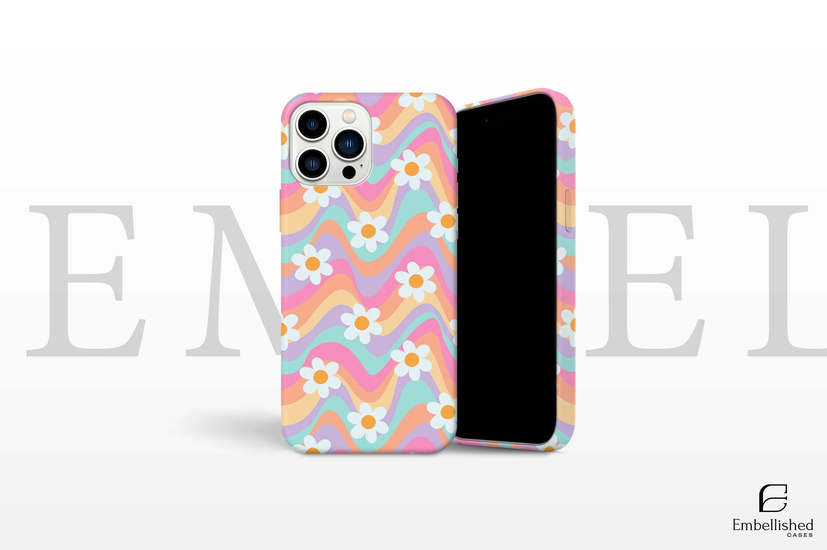Tough vibrant floral pattern phone case with durable Lexan plastic and shock-absorbing rubber liner for iPhone and Samsung models