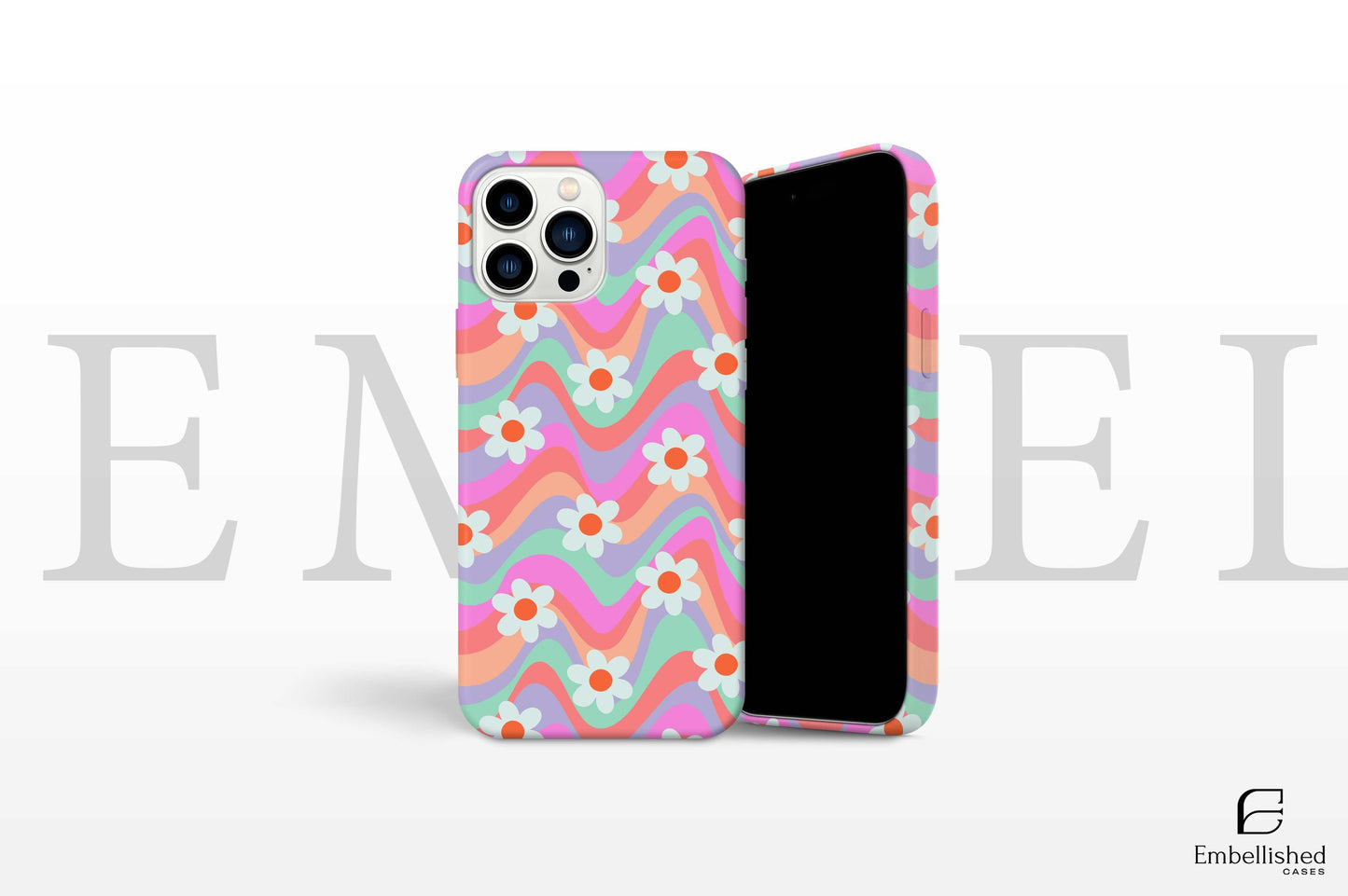 Tough vibrant floral pattern phone case with colorful waves and white flowers for iPhone and Samsung models