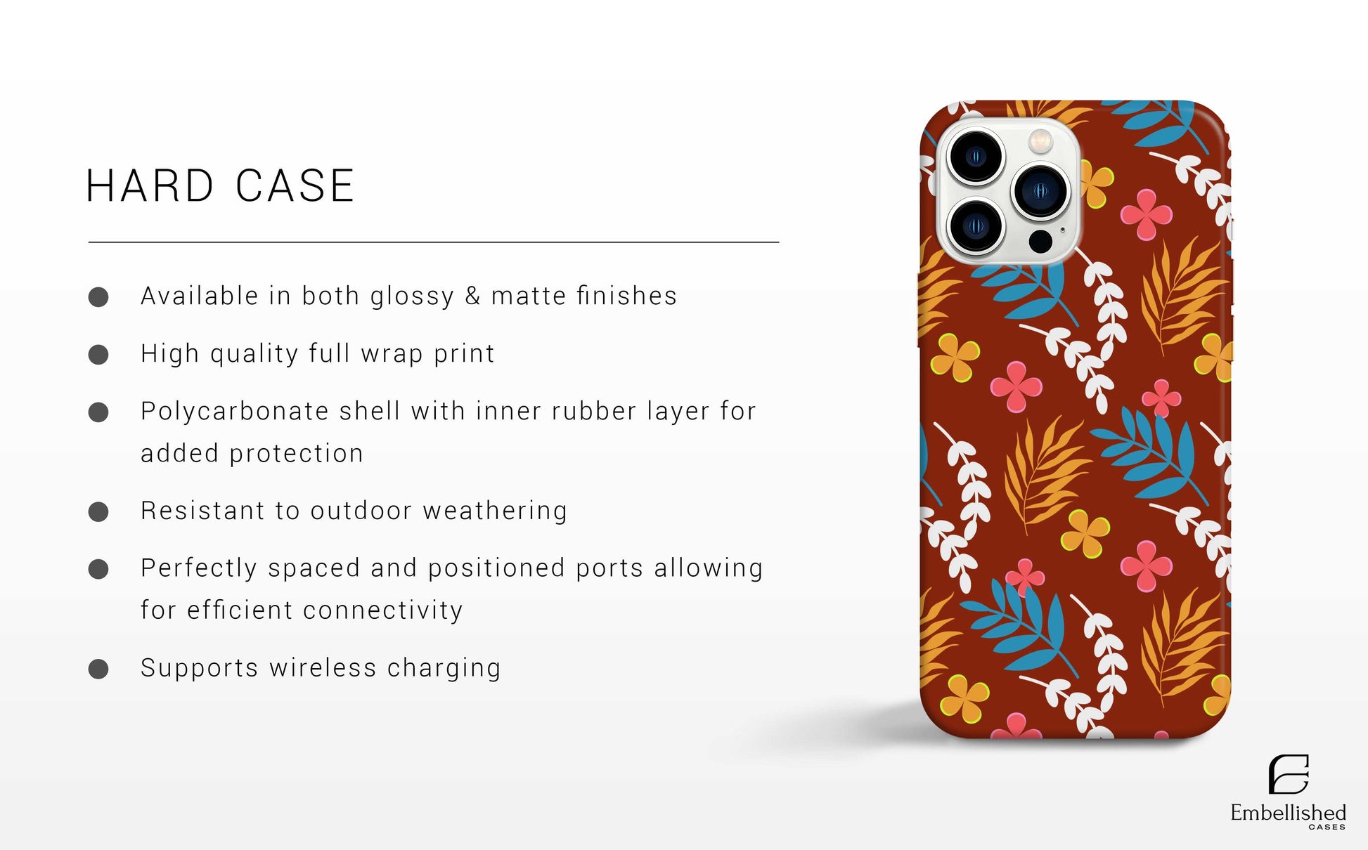 Stars Phone Case with floral and leaf pattern for iPhone and Samsung, durable polycarbonate shell with rubber liner, glossy finish, wireless charging compatible