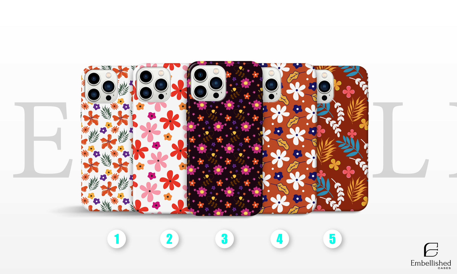 Stars Phone Case with colorful floral patterns for iPhone and Samsung models on marble platform