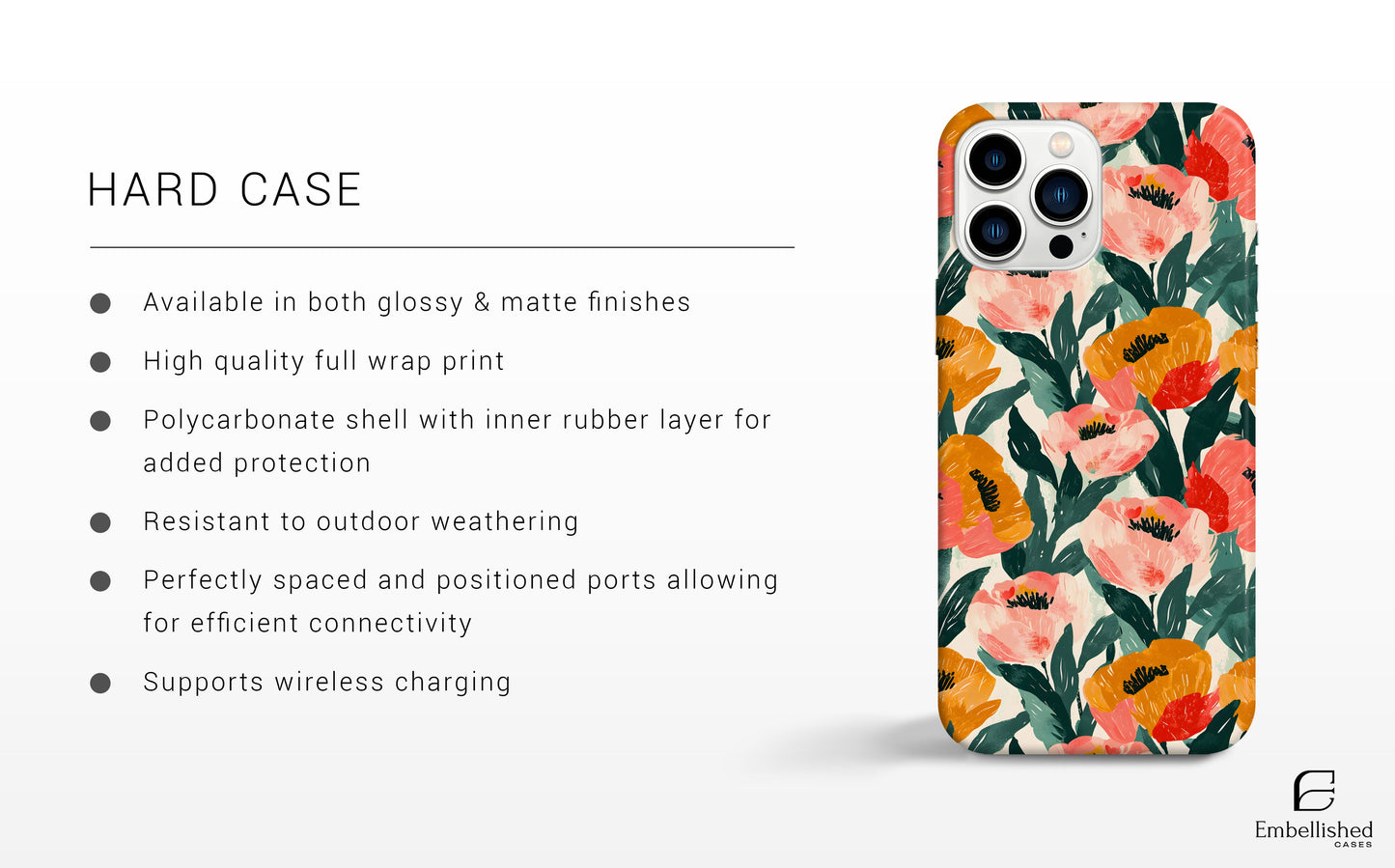 Floral tough phone case with glossy finish and shock-absorbing rubber liner for multiple smartphone models