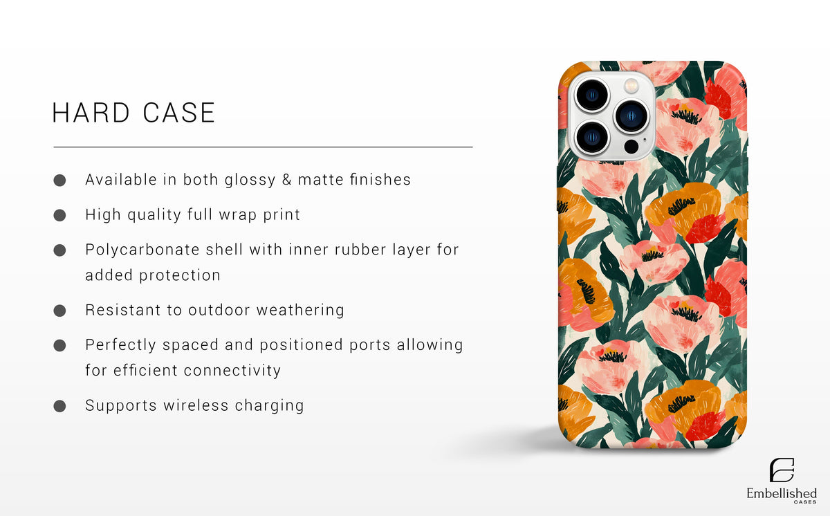 Floral tough phone case with glossy finish and shock-absorbing rubber liner for multiple smartphone models