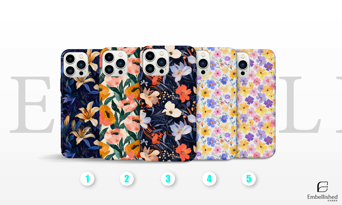 Tough phone case with colorful floral designs for multiple iPhone models, Samsung, Google Pixel, and OnePlus with shock-absorbent and impact-resistant features.