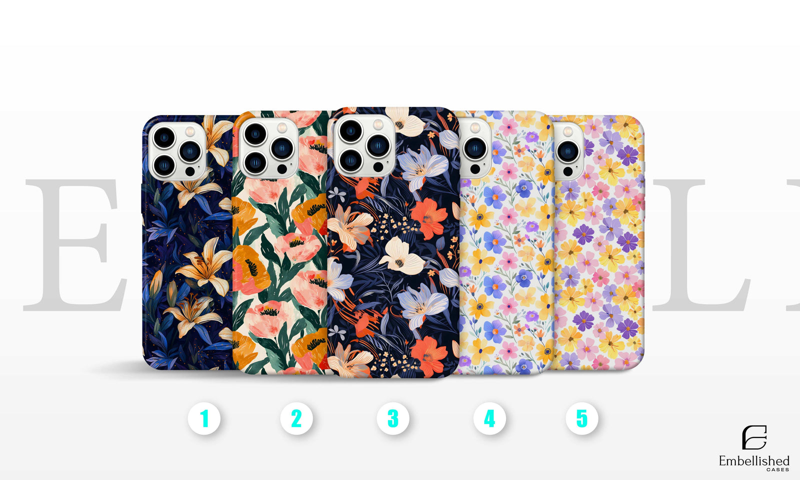 Tough phone cases with colorful floral designs for iPhone and Samsung models, durable impact-resistant protection with glossy finish and shock-absorbing liner.
