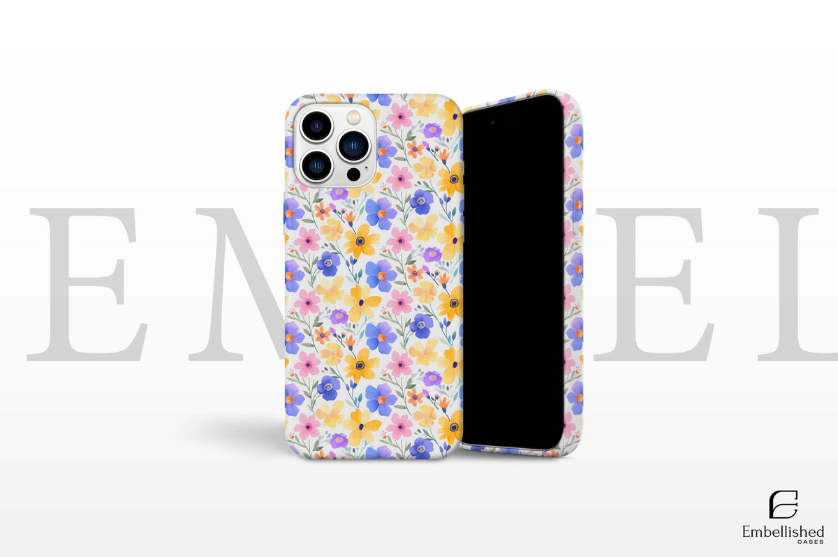 Tough phone case with colorful floral design for iPhone and Samsung, durable and impact-resistant with glossy finish.