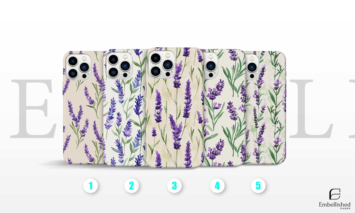 Vintage botanical phone cases with purple lavender greenery design for iPhone and Samsung Galaxy models, protective nature-themed covers