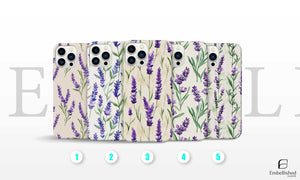 Vintage botanical phone cases with purple lavender greenery design for iPhone and Samsung Galaxy models, protective nature-themed covers