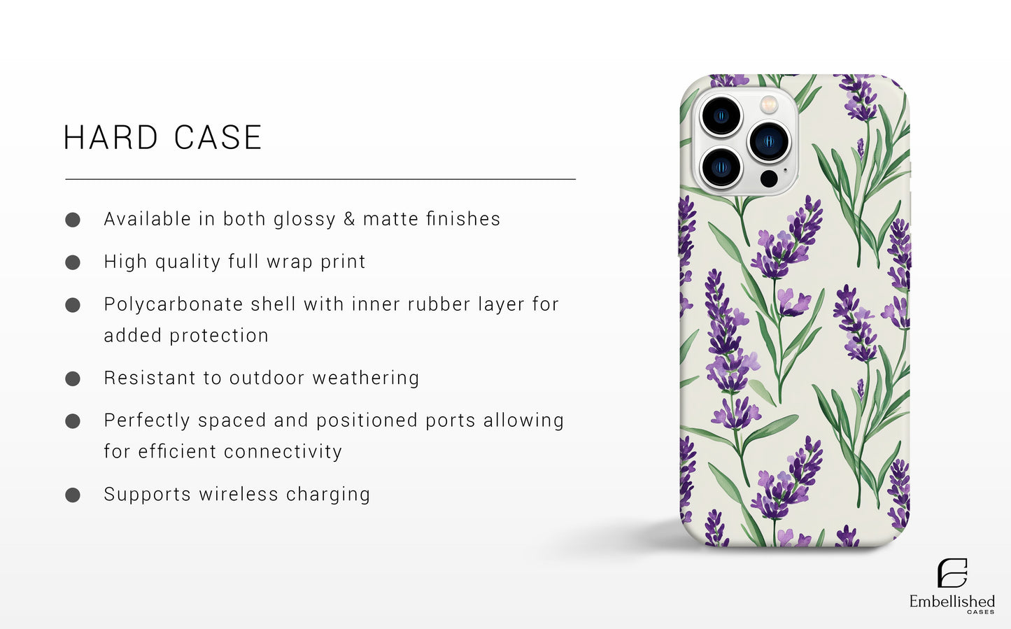 Vintage botanical phone case with lavender design for iPhone and Galaxy, durable, glossy finish, wireless charging compatible.