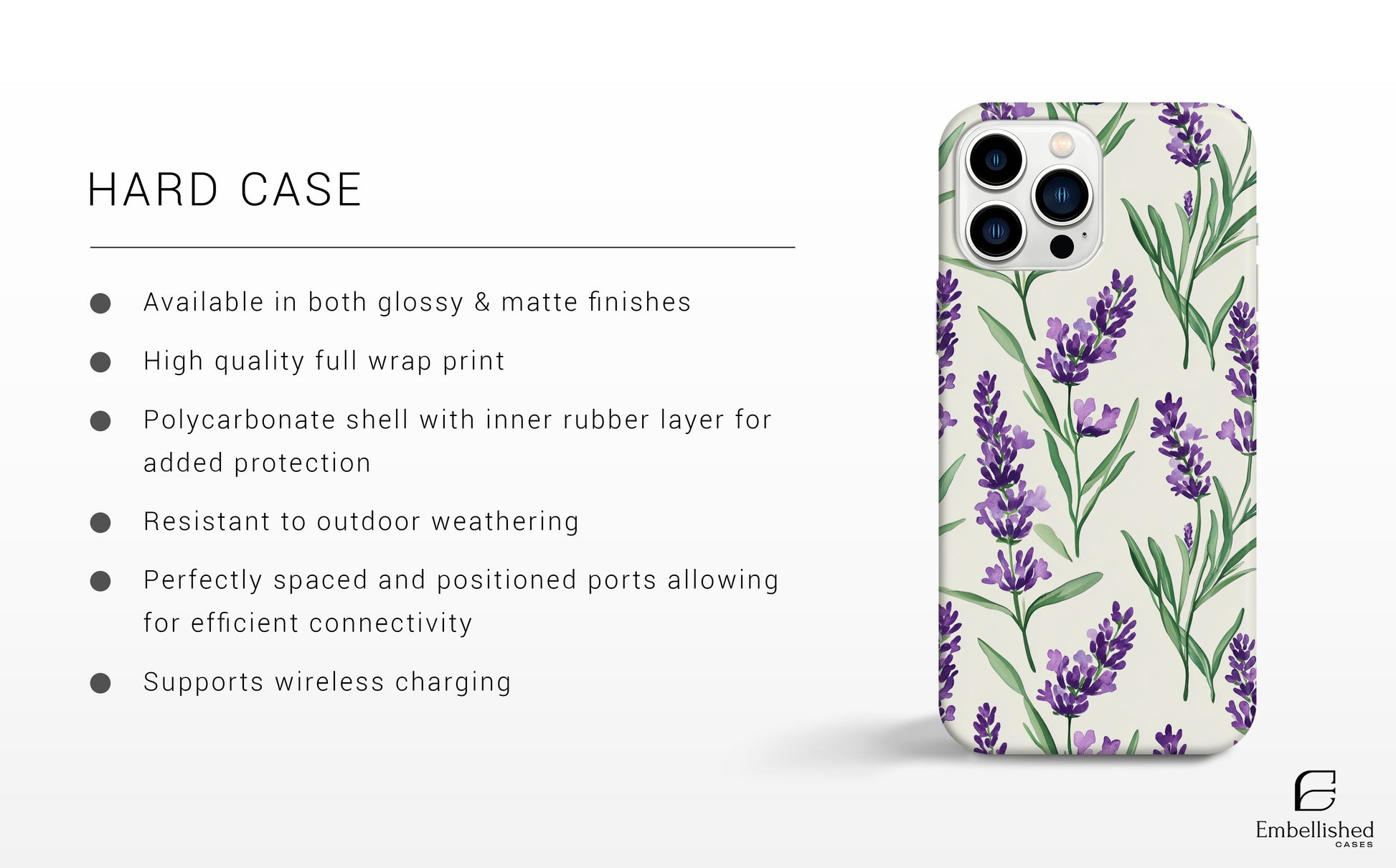 Vintage botanical phone case with lavender design for iPhone and Galaxy, durable, glossy finish, wireless charging compatible.