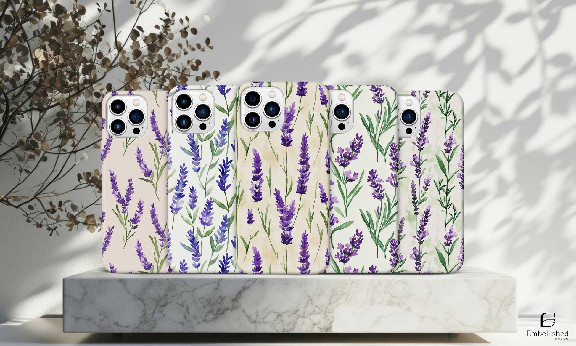 Vintage botanical phone cases with purple lavender design for iPhone, Galaxy, Pixel models, durable and protective nature-inspired covers.