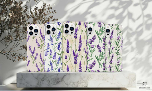 Vintage botanical phone cases with purple lavender design for iPhone, Galaxy, Pixel models, durable and protective nature-inspired covers.