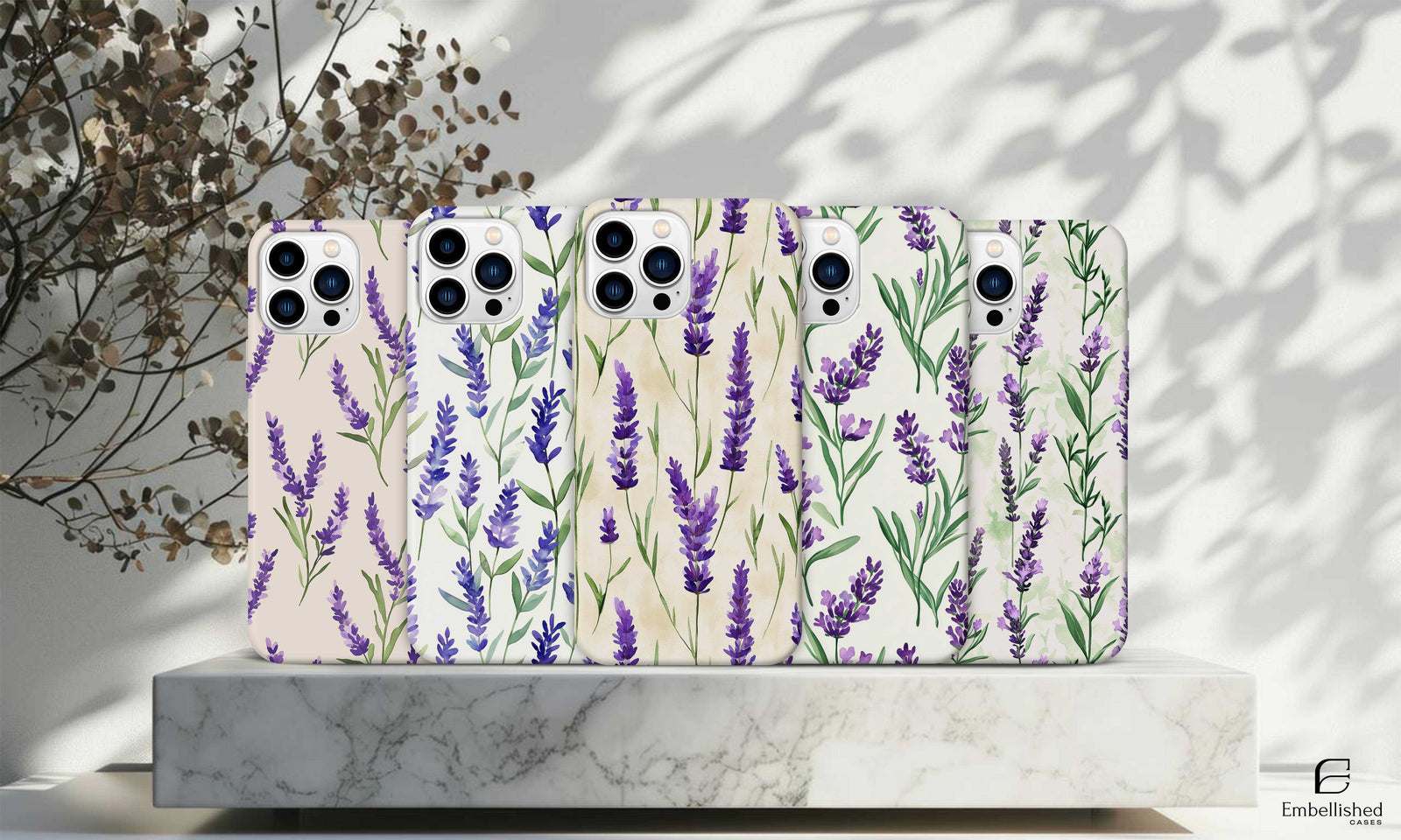 Vintage botanical phone cases with purple lavender design for iPhone, Galaxy, Pixel models, durable and protective nature-inspired covers.
