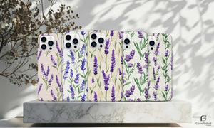 Vintage botanical phone cases with purple lavender design for iPhone, Galaxy, Pixel models, durable and protective nature-inspired covers.