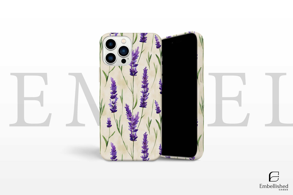 Vintage botanical phone case with purple lavender design for iPhone and Galaxy, durable protective cover