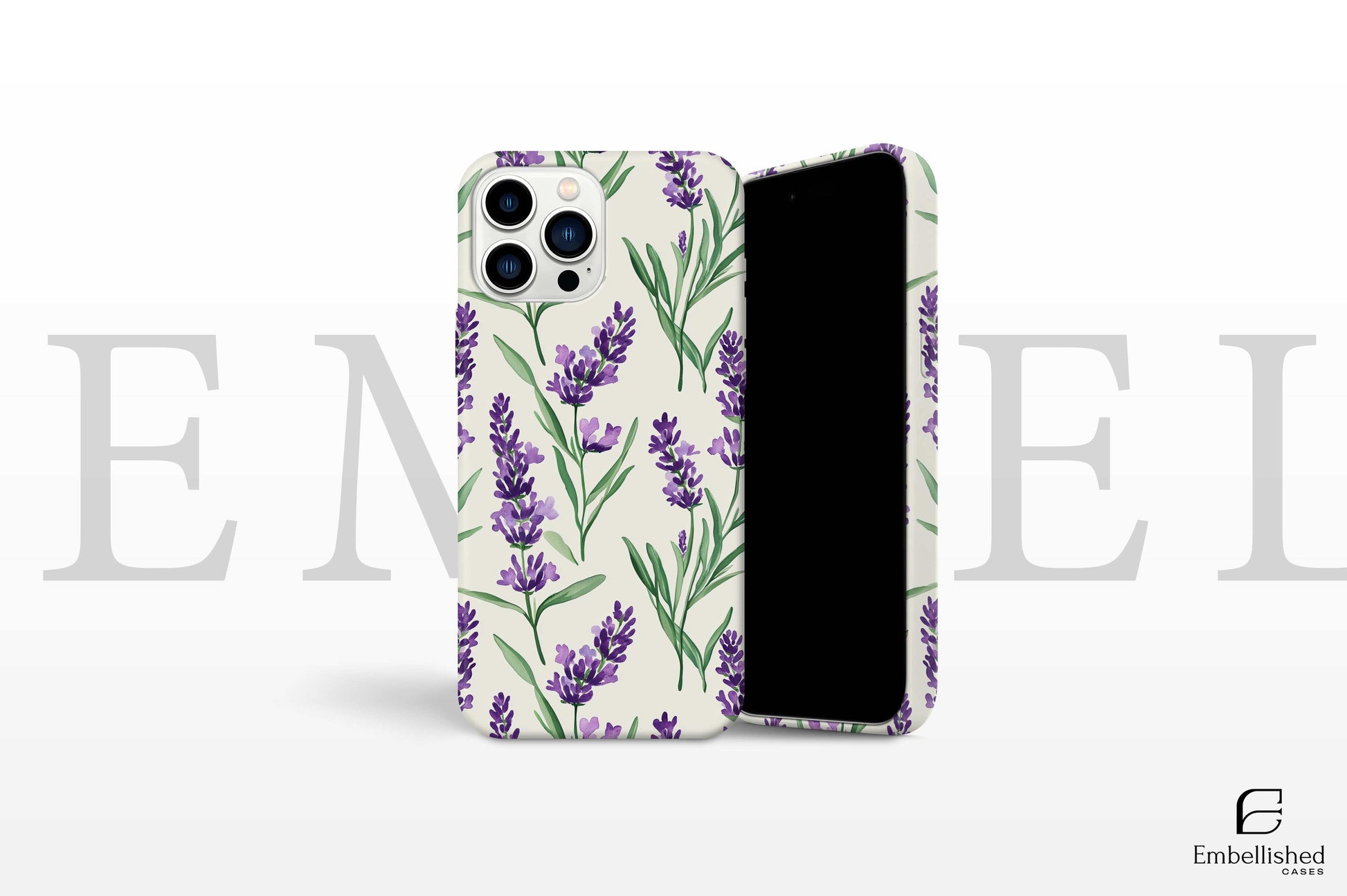Vintage botanical phone case with purple lavender and green leaves design for iPhone and Galaxy models