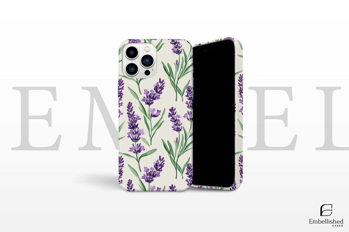 Vintage botanical phone case with purple lavender and green leaves design for iPhone and Galaxy models