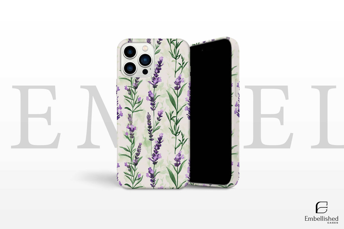 Vintage botanical phone case with lavender sprig design for iPhone and Samsung Galaxy models