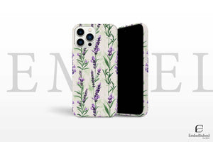 Vintage botanical phone case with lavender sprig design for iPhone and Samsung Galaxy models