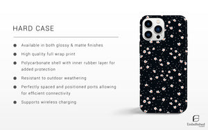 Daisy Flower Phone Case with white daisies on black background for iPhone and Samsung, durable polycarbonate shell with rubber liner and glossy finish.