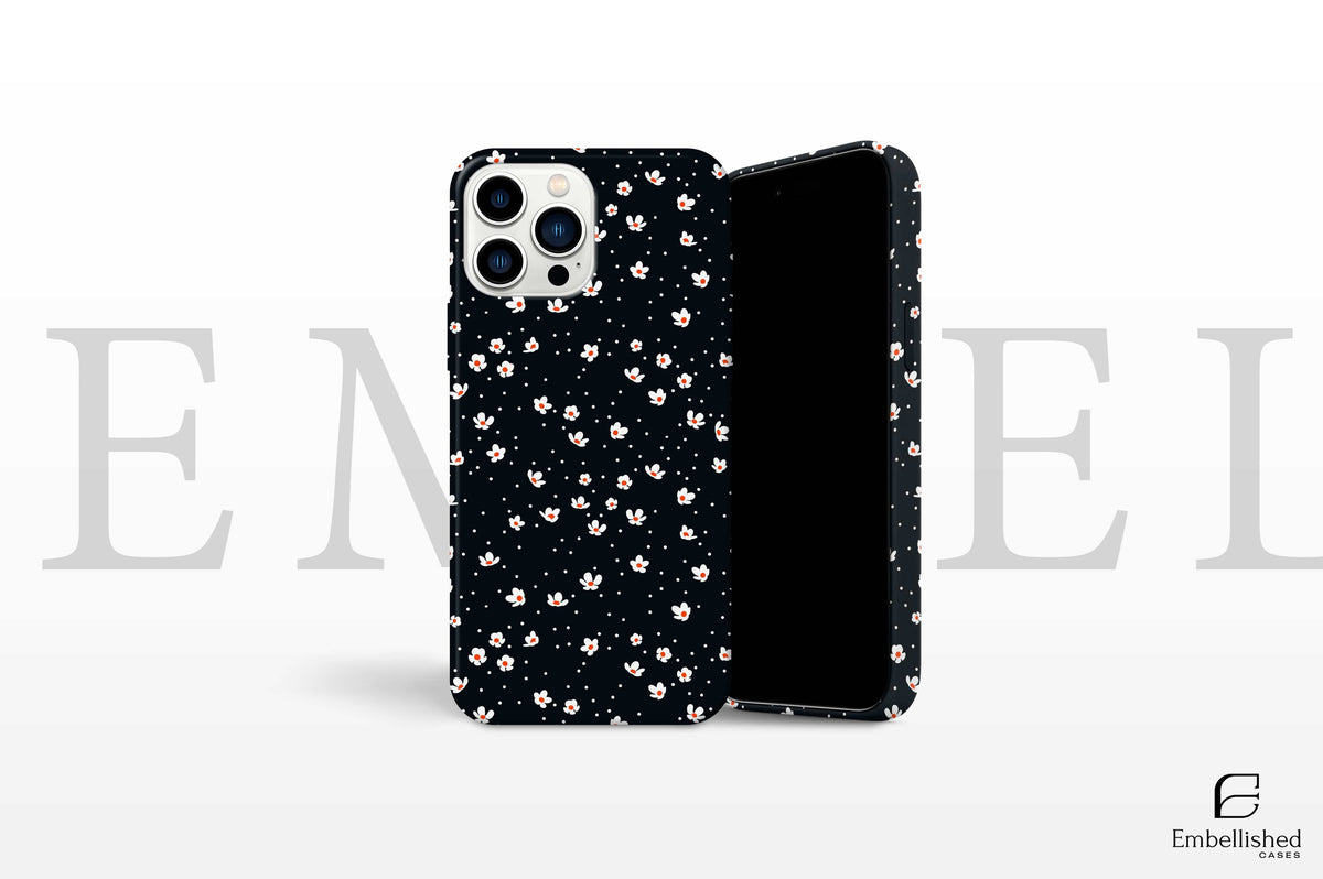 Daisy flower phone case with small white daisies on black background for iPhone and Samsung models