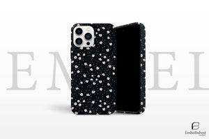 Daisy flower phone case with small white daisies on black background for iPhone and Samsung models