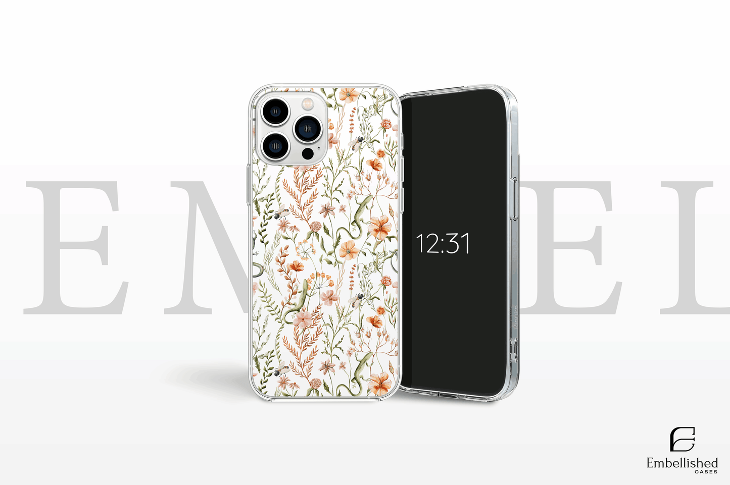Wild flower phone case with lizard and floral clear design, vibrant and nature-inspired.