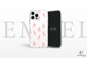 Clear phone case with vibrant lizard and floral design, wild flower pattern, durable and wireless charging compatible.