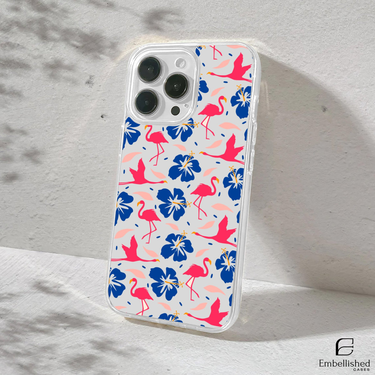 Pink Flamingo & Blue Hibiscus Tropical Design - Clear Phone Case