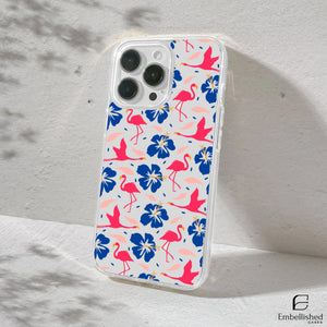 Pink Flamingo & Blue Hibiscus Tropical Design - Clear Phone Case