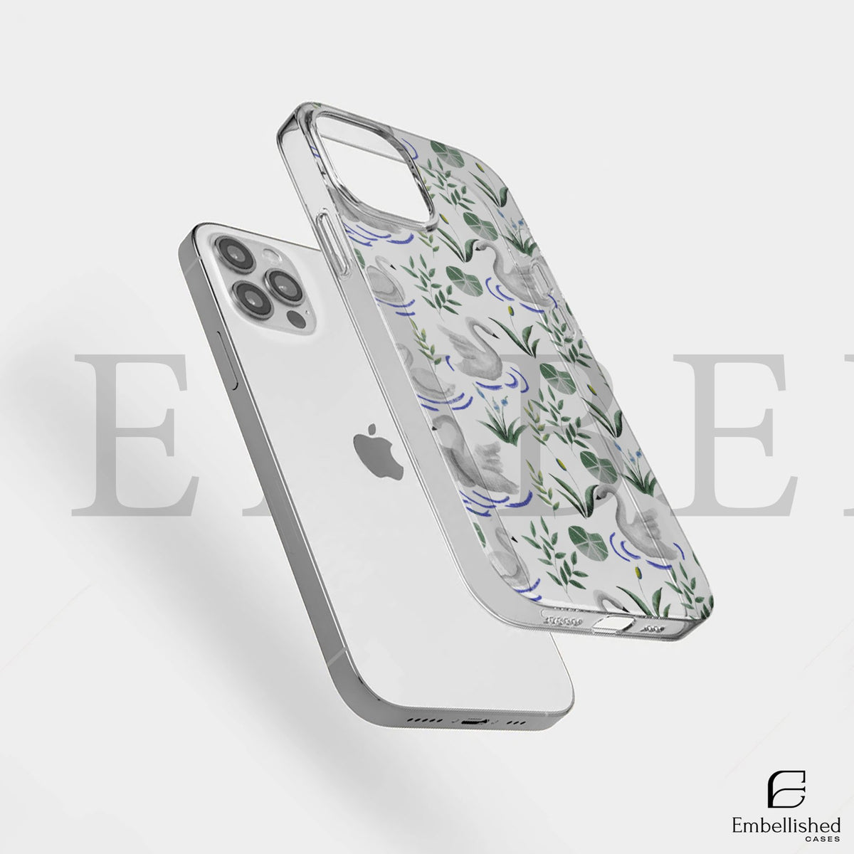 Elegant Swan & Lily Pad Pattern Clear Phone Case - Embellished Cases