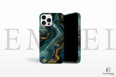 Blacklight Neon Phone Case with green and gold marble design for iPhone and Samsung models, durable and protective with glossy finish